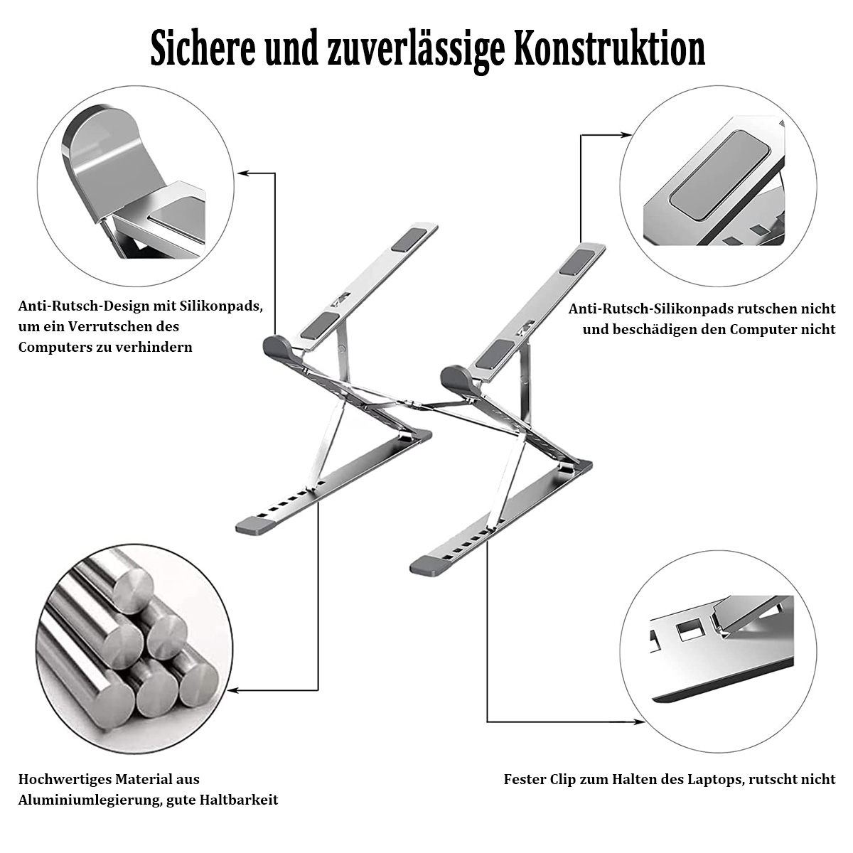 Laptopständer mit Silikonpads und stabilem Design, silberne Farbe.
