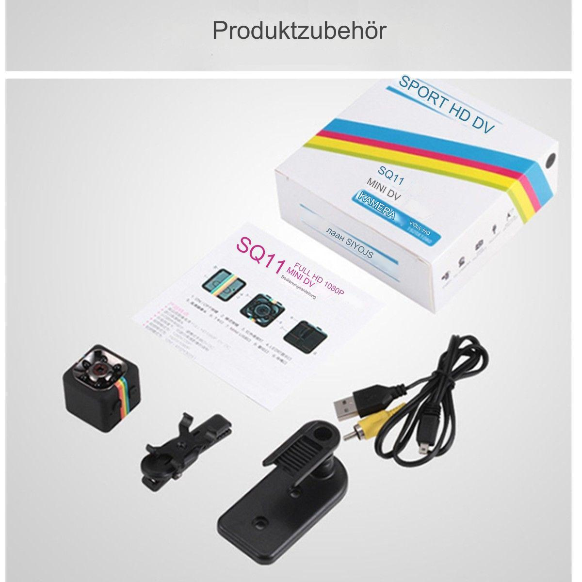 Produktzubehör ausgelegt. Enthält eine kleine Kamera, USB-Kabel und andere Komponenten auf weißer Oberfläche.