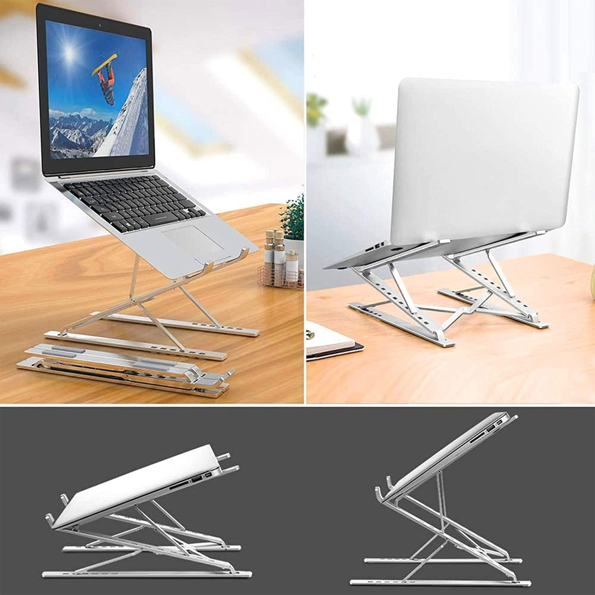 Laptopständer in verschiedenen Positionen, wobei der Laptop-Bildschirm gezeigt wird.