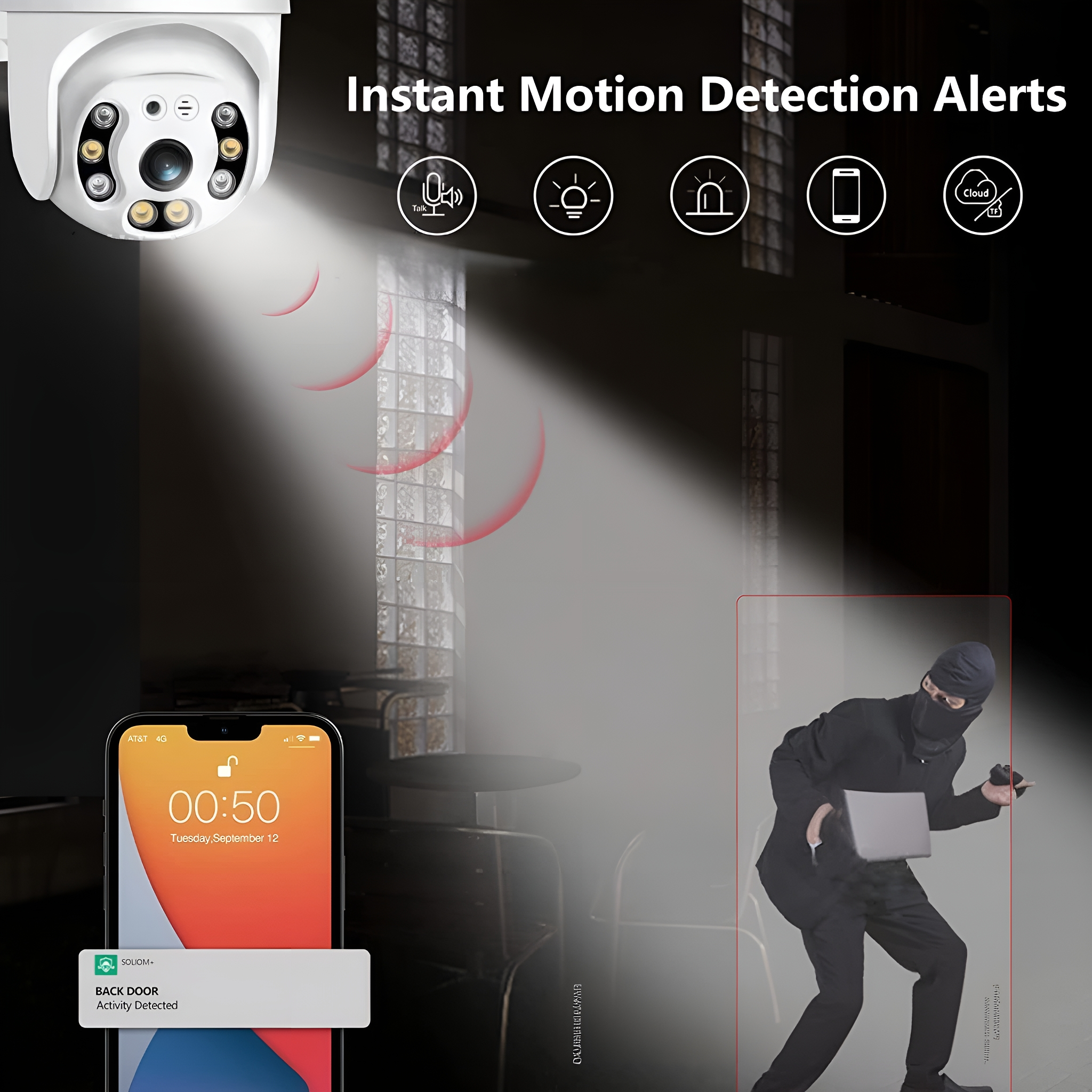 Eine Überwachungskamera mit Telefonalarm. Ein Dieb mit Laptop ist auf dem Bild und auf dem Telefon zu sehen.