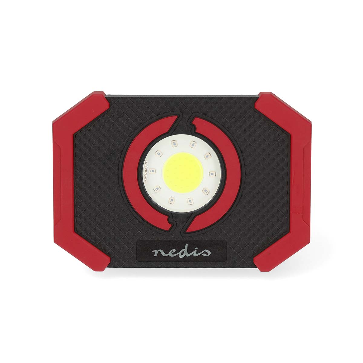 Een rood-zwarte werklamp met een centrale lichtbron en een rood frame.