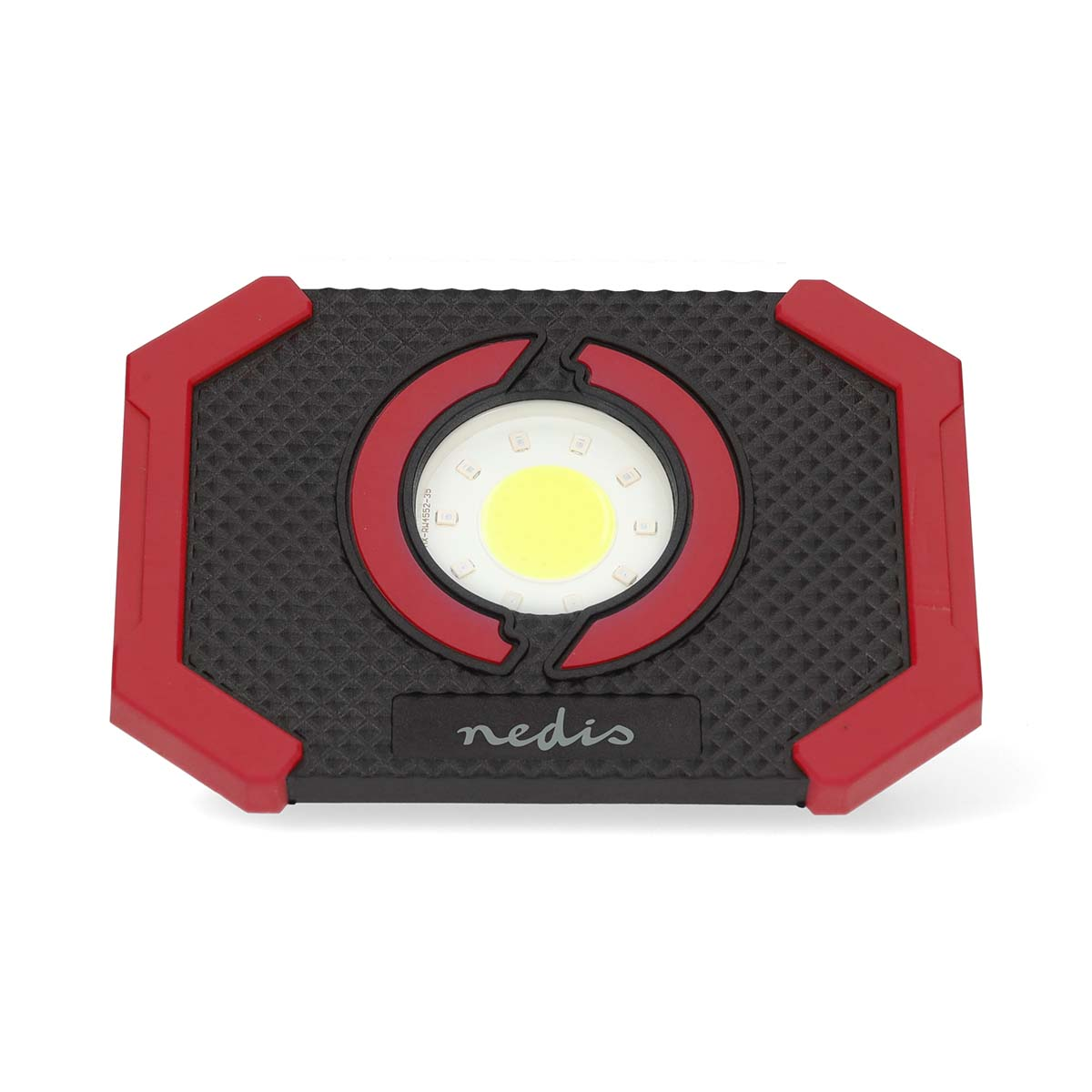 Een rode en zwarte rechthoekige LED-werklamp met een witte centrale lichtbron.