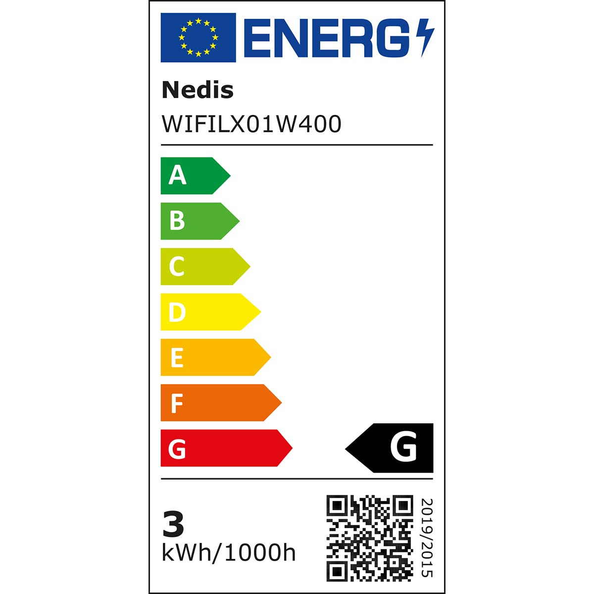 Energielabel mit Bewertungen A bis G, QR-Code und Text.