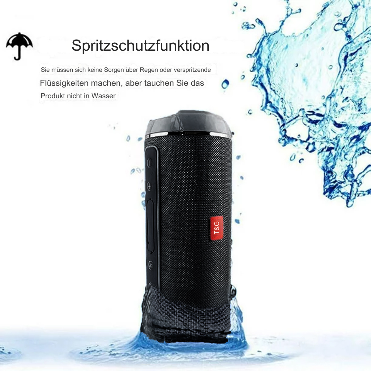 Schwarzer Lautsprecher mit Wasserspritzern und einem Text, der besagt, dass er wasserdicht ist.