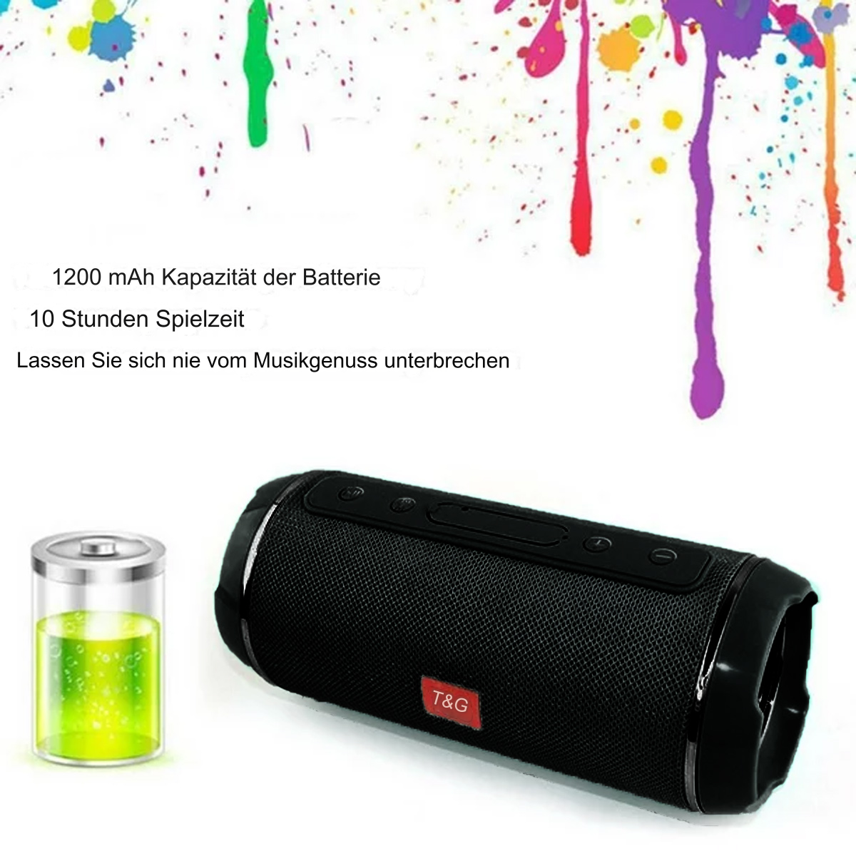 Schwarzer tragbarer Lautsprecher mit Knöpfen, mit Text über Akkulaufzeit (10 Stunden) und Kapazität (1200 mAh).