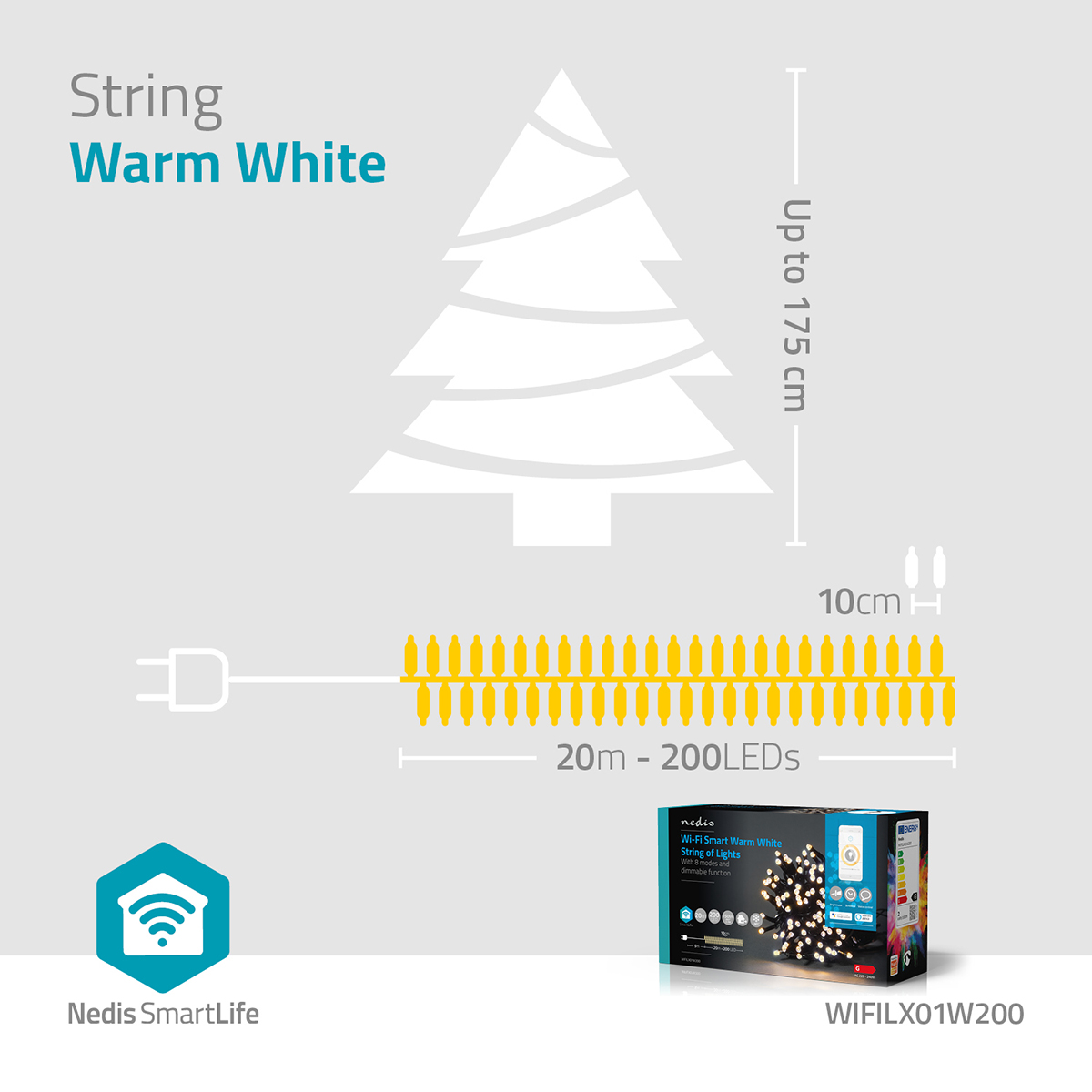 Een reeks warmwitte lichten met een kerstboom illustratie en een productdoos zijn zichtbaar.