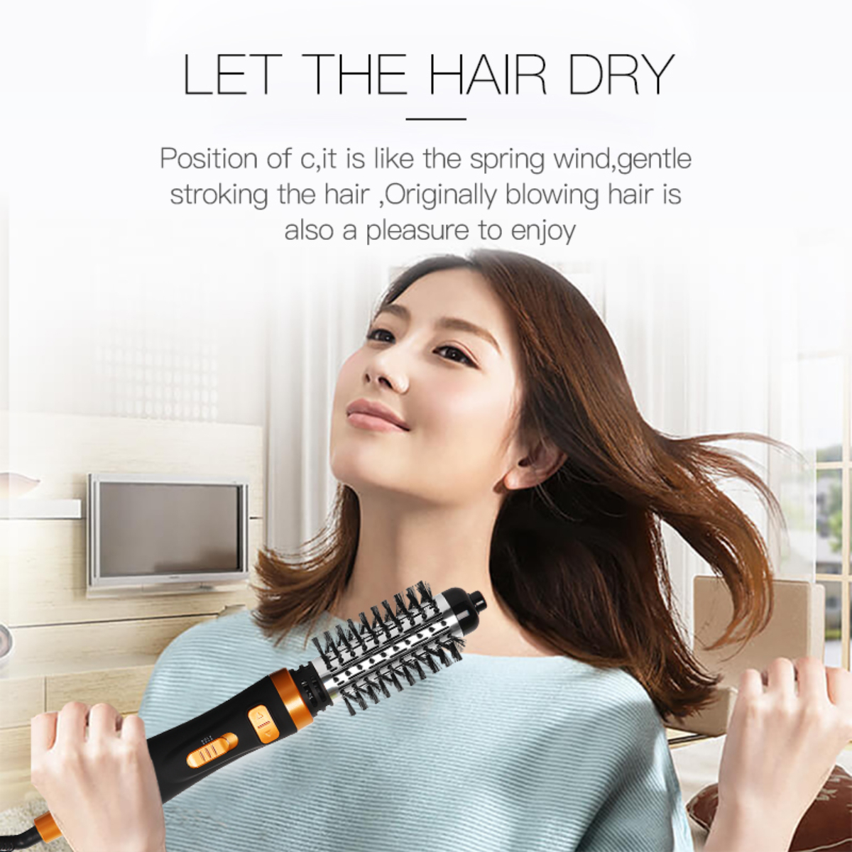 Frau, die eine Haarstylingbürste benutzt, mit dem Text „LASS DAS HAAR TROCKNEN“ über ihr.