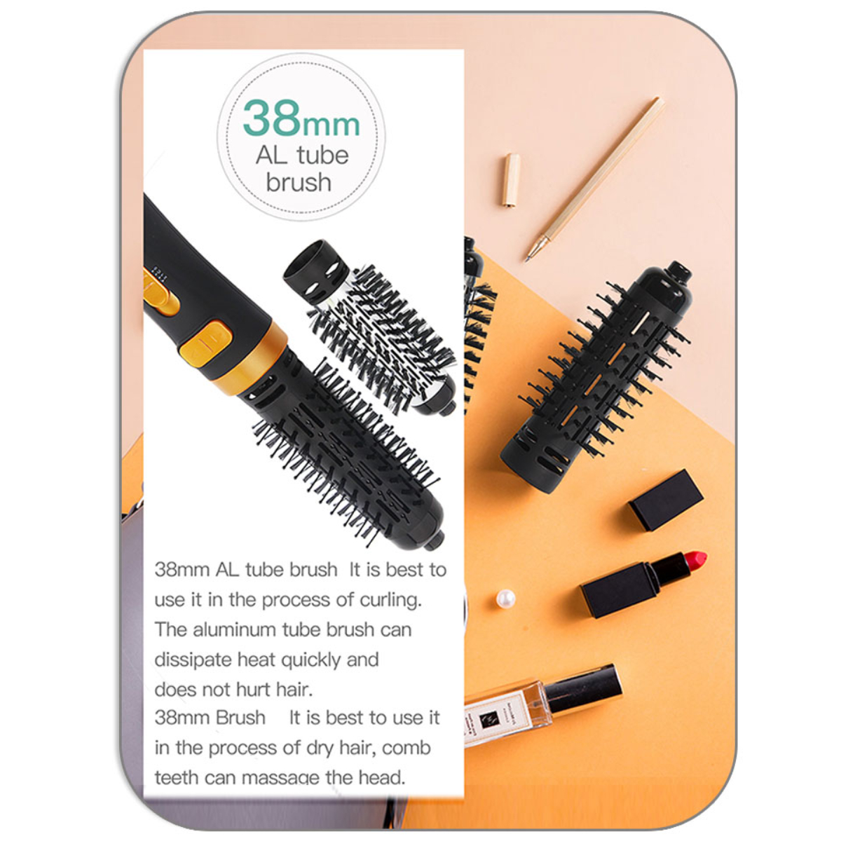 Haarstylingbürste mit Details und Text auf der Seite.