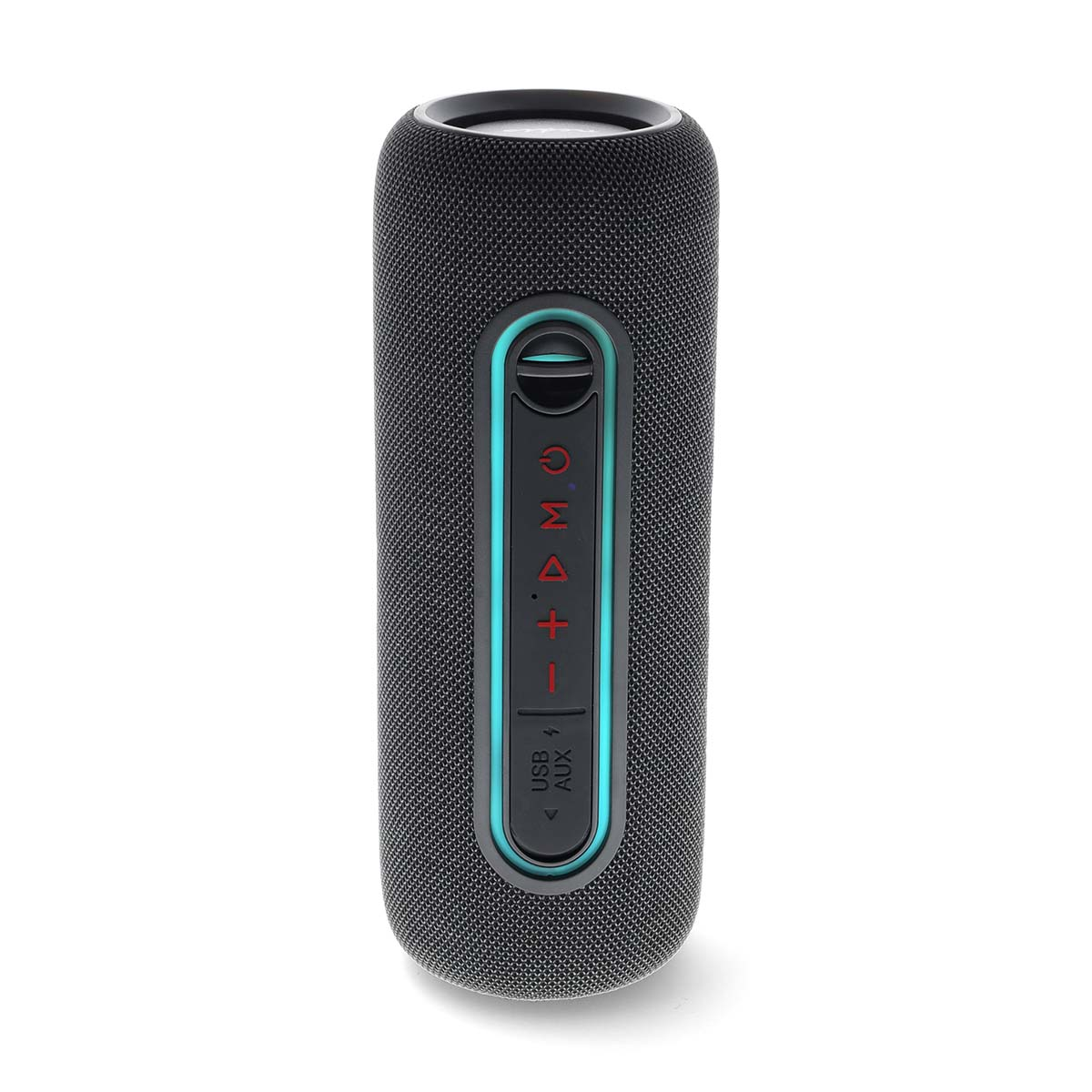 Altoparlante Bluetooth cilindrico nero con pulsanti di controllo.