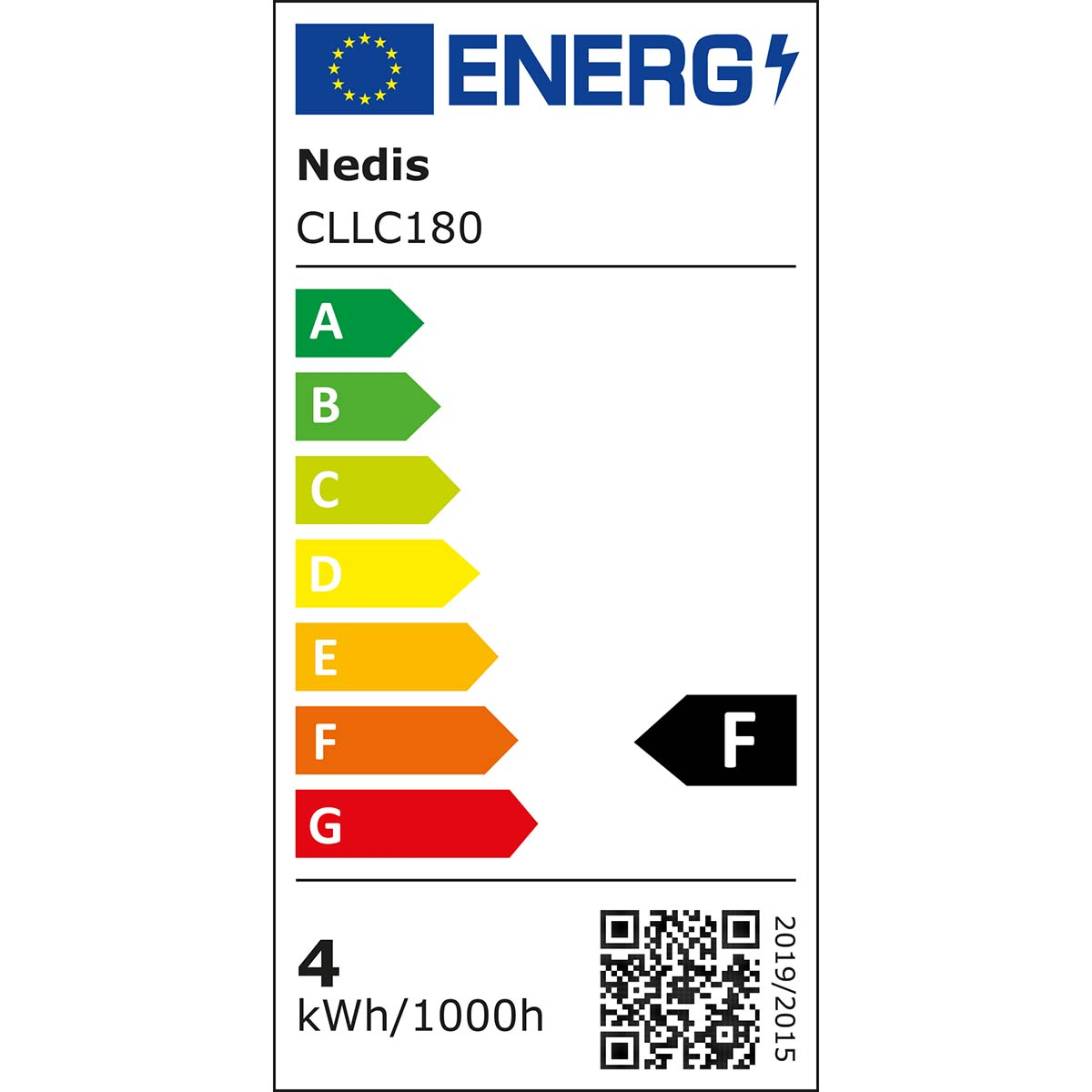 Energielabel met beoordelingen van A tot G, waarbij de letter F is gemarkeerd.