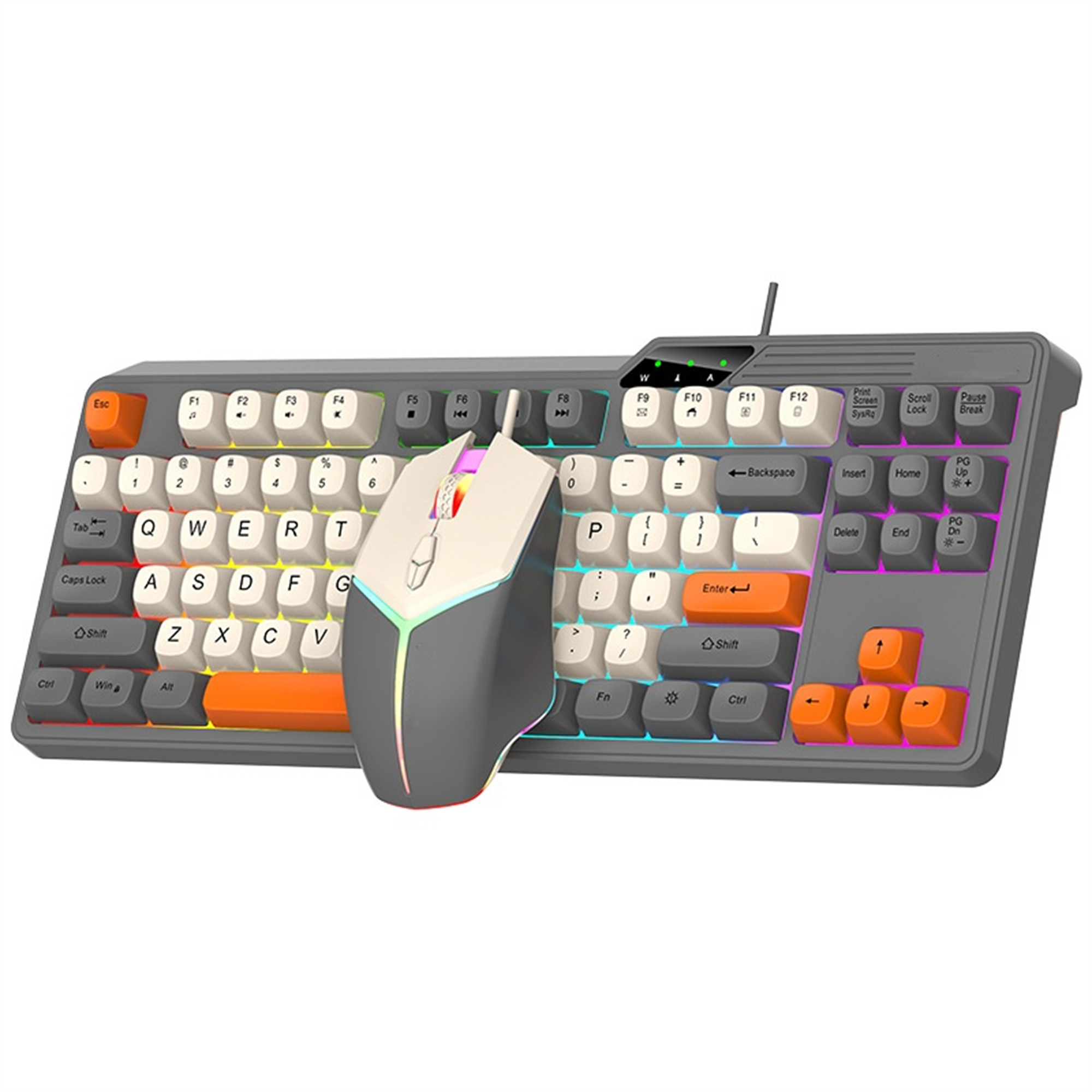 Ein graues Tastatur- und Maus-Set. Die Tastatur hat orangefarbene und weiße Tasten.