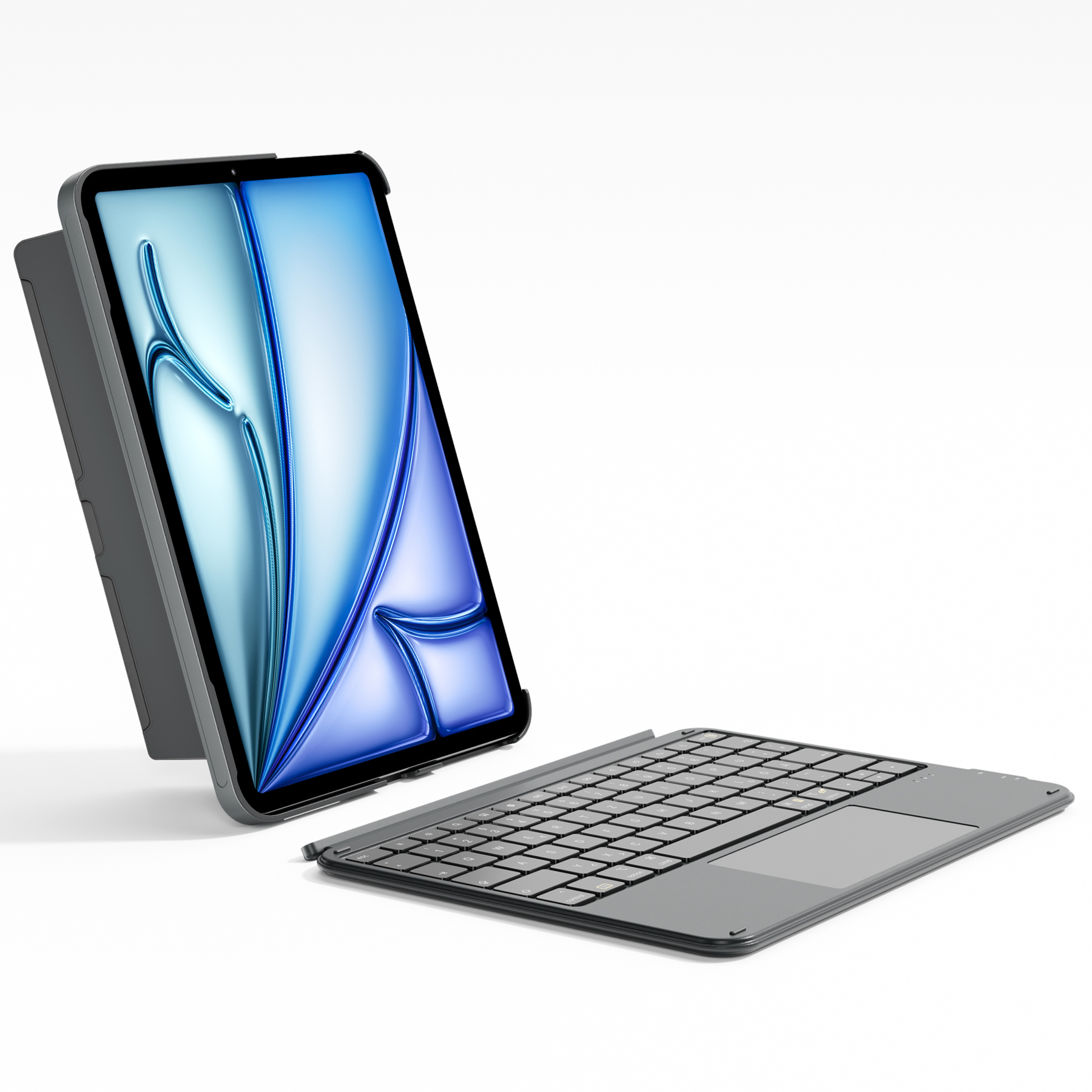 Graues Tablet mit Tastaturhülle, weißer Hintergrund.