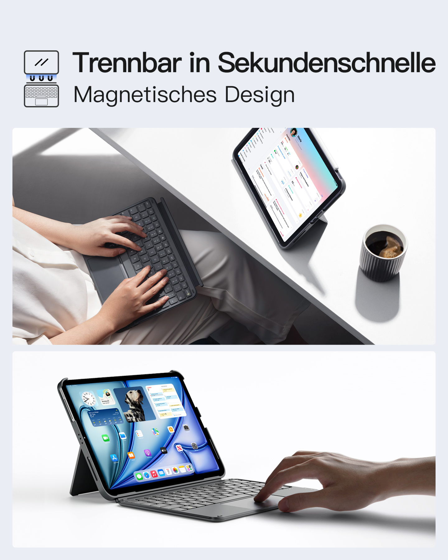 Ein Tablet mit Tastatur auf einem Ständer und getrennt, beides in Gebrauch. Eine Kaffeetasse steht daneben.