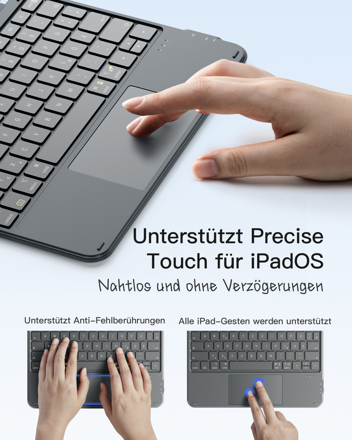 Tastatur mit Touchpad und Hand, die sie benutzt. Text besagt, dass sie präzises Touch für iPadOS ohne Verzögerungen unterstützt.