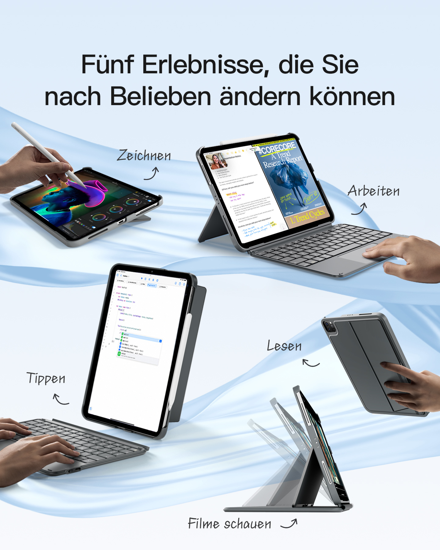 Ein Tablet in verschiedenen Ausrichtungen zum Zeichnen, Arbeiten, Lesen und Filme schauen.