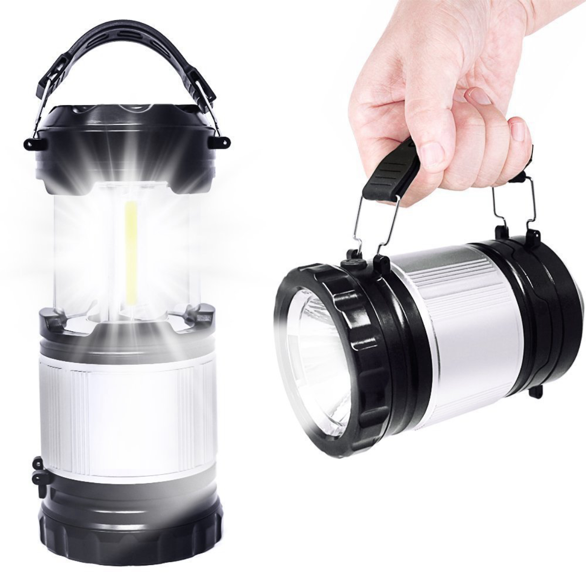 Zwei Taschenlampen, eine an und eine gehalten. Eine links, eine rechts gehalten.