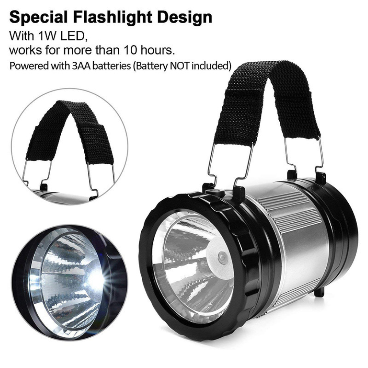 Eine Taschenlampe mit schwarzem Griff und silbernem Gehäuse mit Trageriemen. Sie wird mit hellem LED-Licht gezeigt.