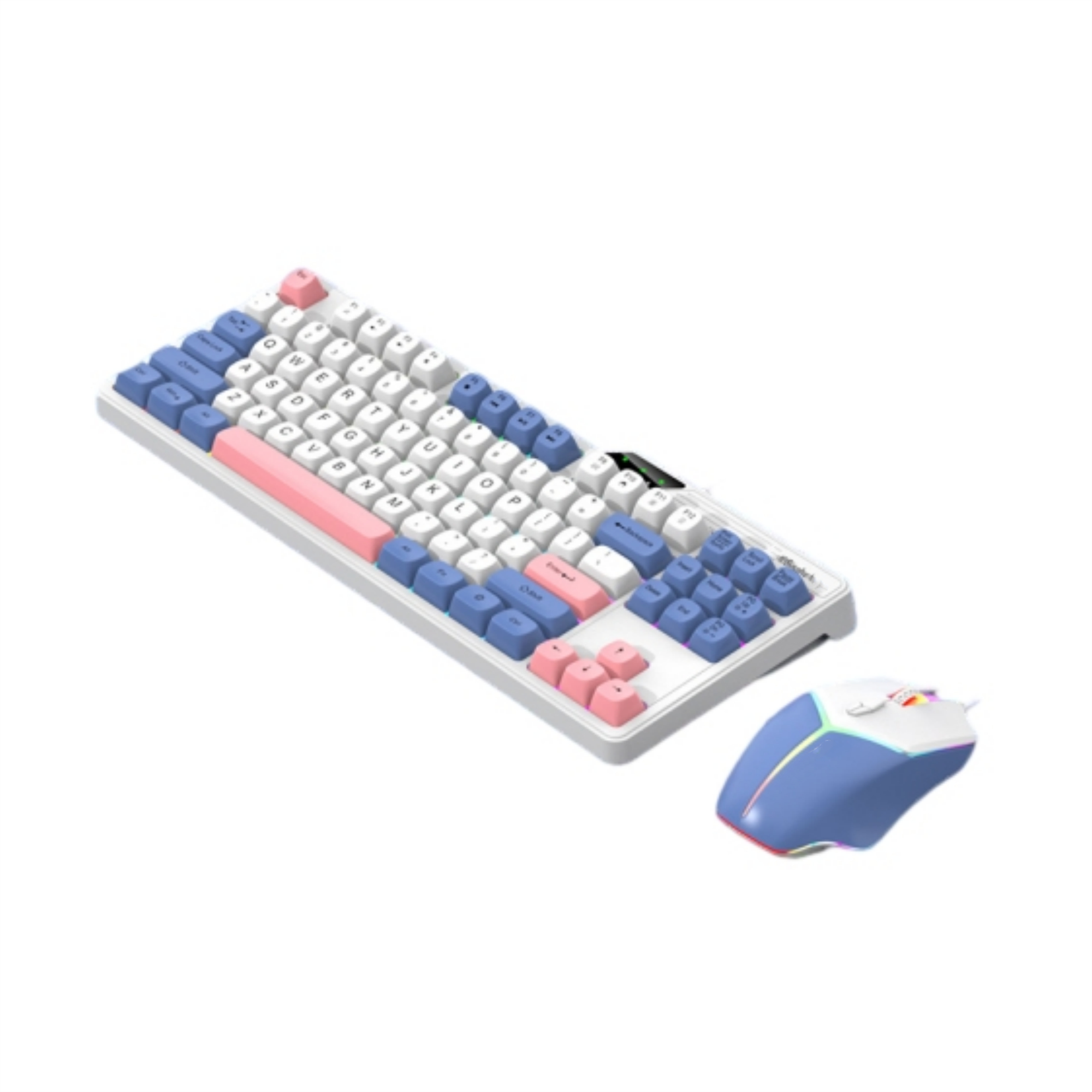 Eine weiße und rosa Tastatur und eine blaue Maus. Weißer Hintergrund.