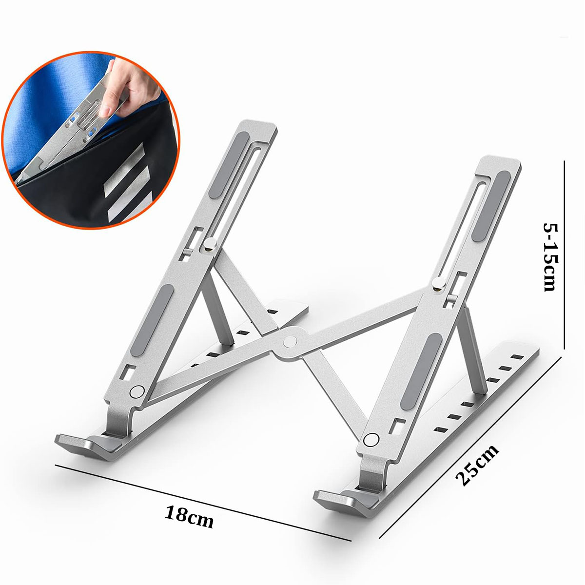 Ein zusammenklappbarer silberner Laptopständer mit Abmessungen: 18 cm breit, 25 cm lang, 5-15 cm höhenverstellbar.