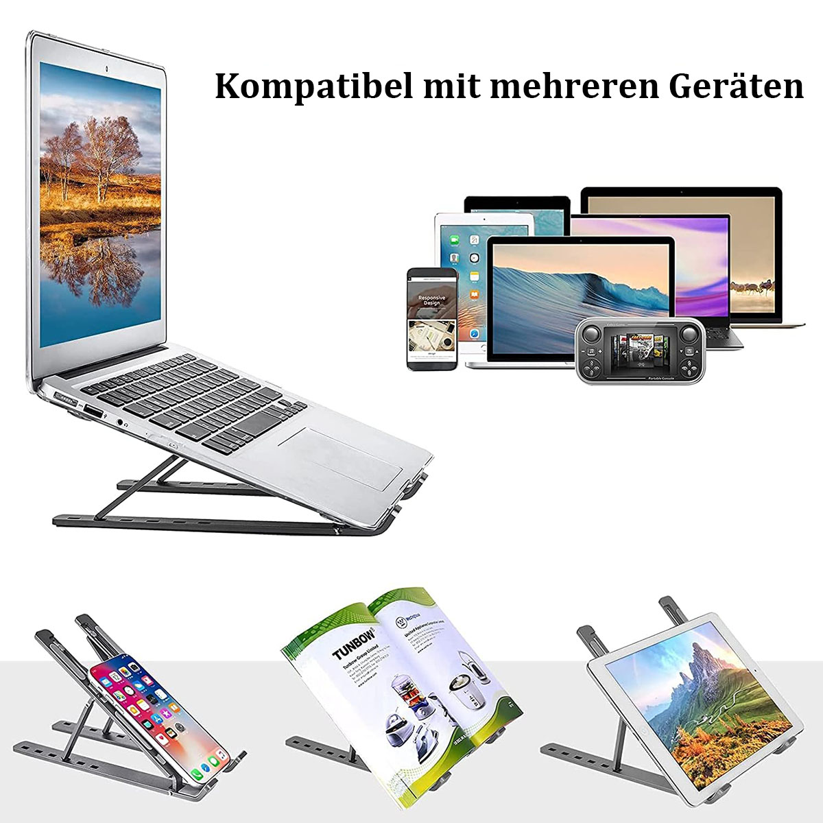 Laptop auf Ständer und andere Geräte, darunter ein Telefon, Tablets und eine Spielkonsole.