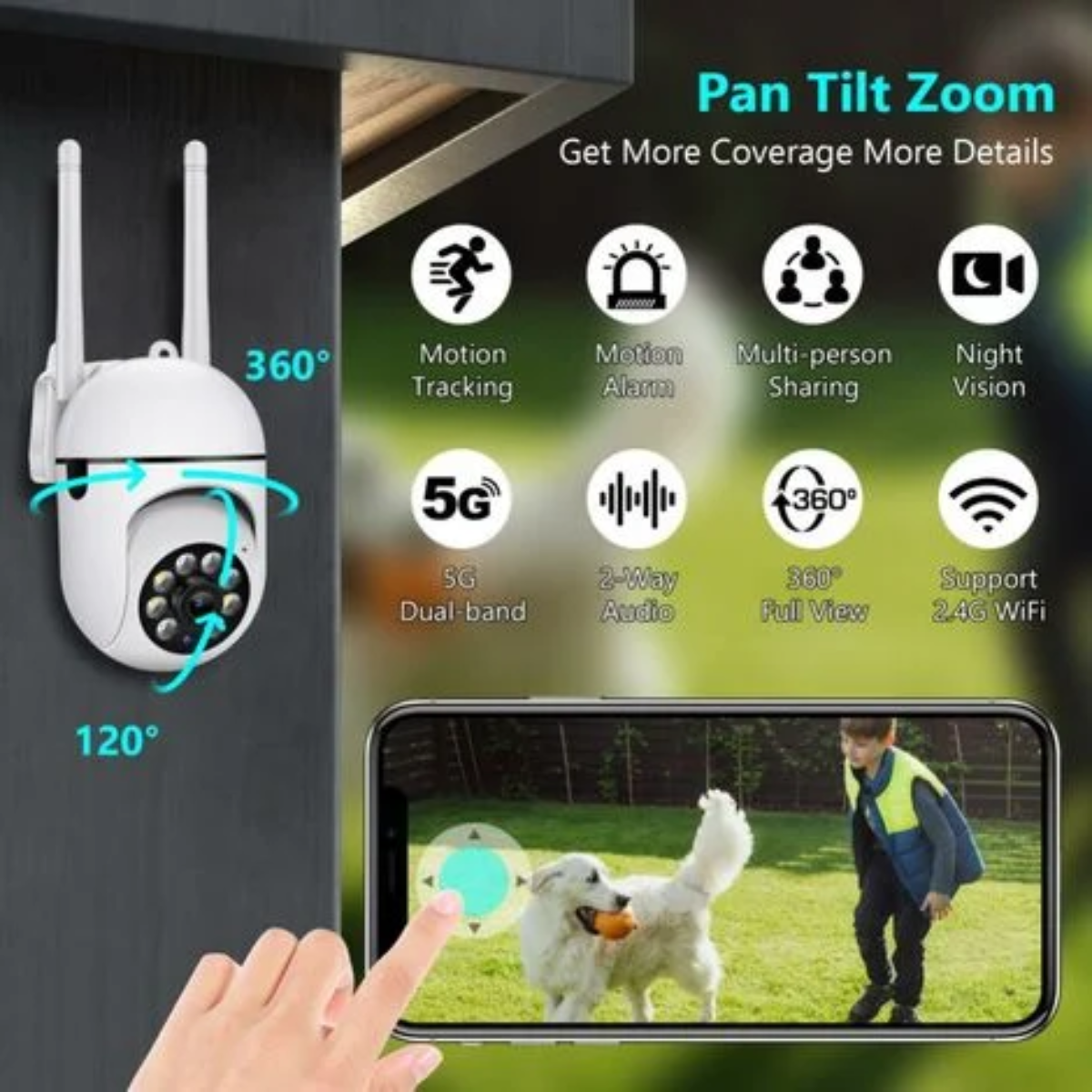 Outdoor-Überwachungskamera mit 360°-Ansicht, 5G, Bewegungserkennung und Smartphone-Oberfläche.