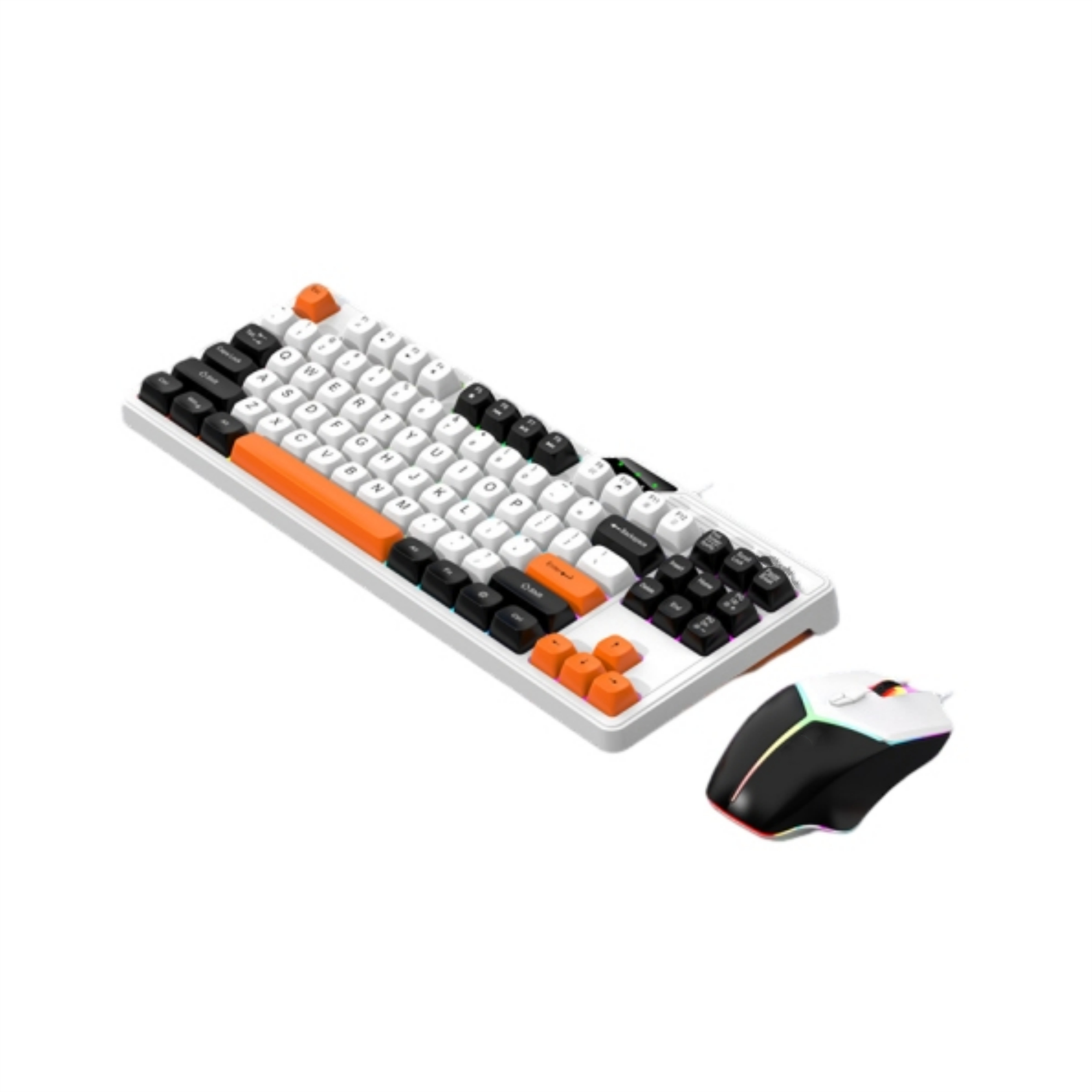 Weiße und orangefarbene Tastatur und eine weiße und schwarze Maus. Weißer Hintergrund.