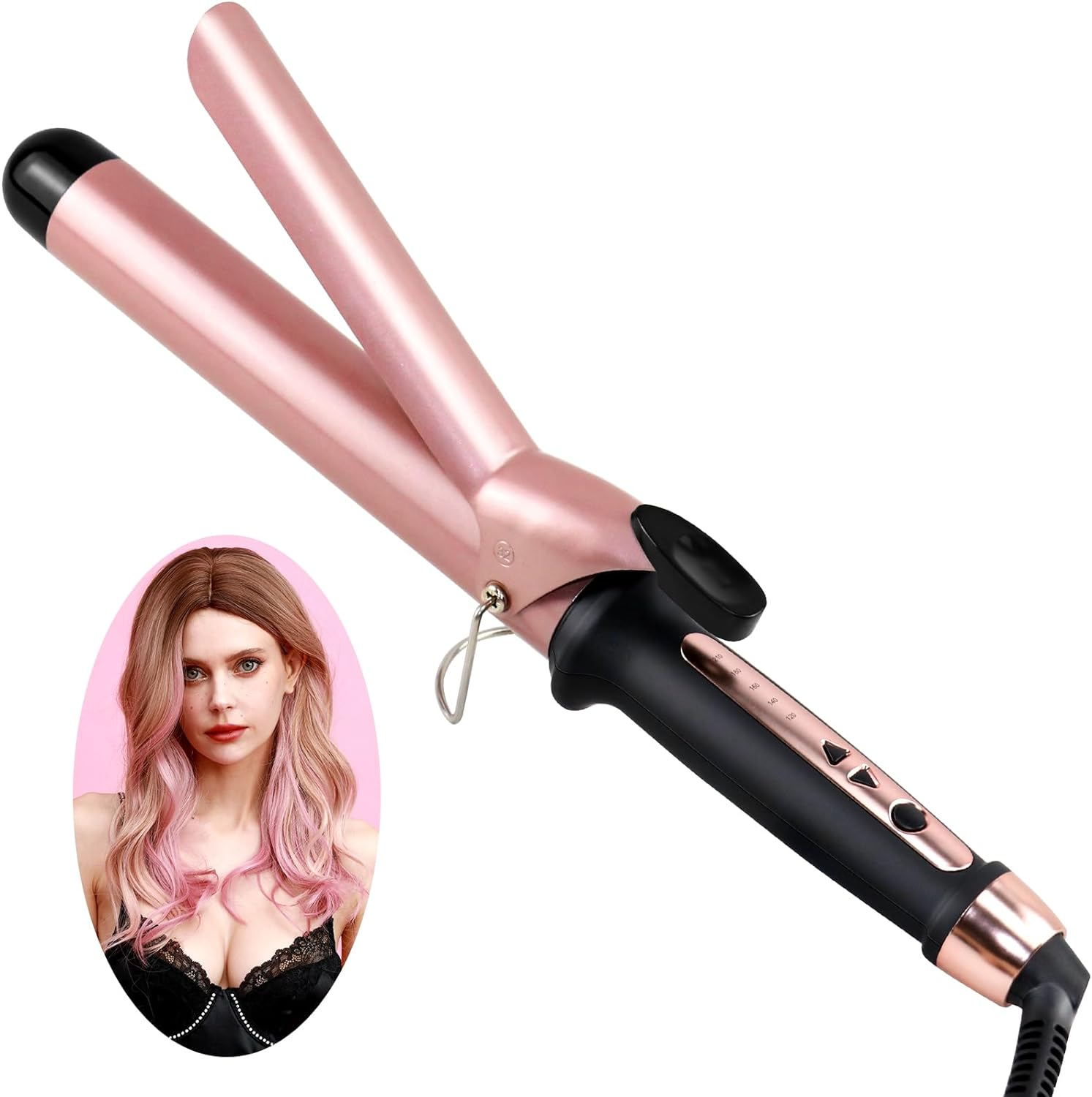 Arricciacapelli rosa con volto di donna a sinistra. Manico nero, dettagli oro rosa.