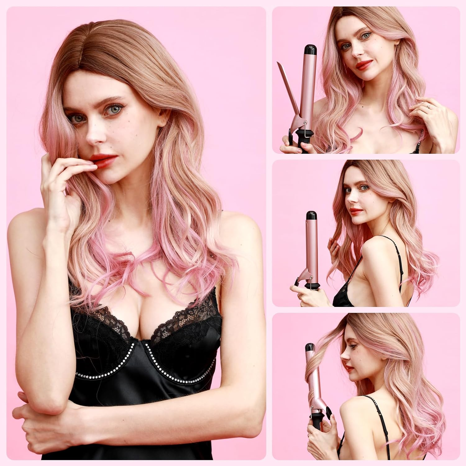 Donna con capelli rosa e arricciacapelli. Altre tre immagini la mostrano mentre si arriccia i capelli, tutto su sfondo rosa.
