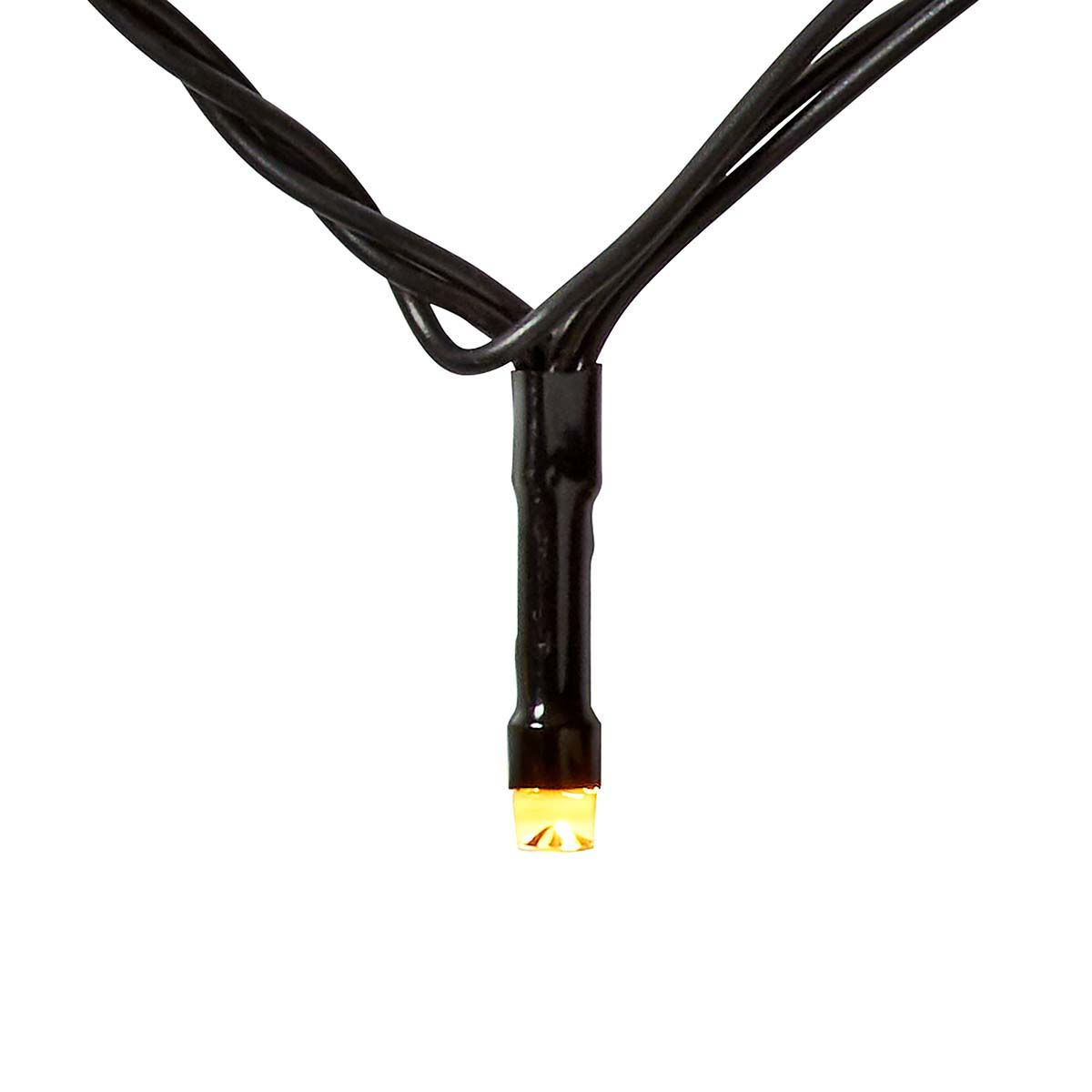 Zwarte lichtslingers met één brandende gele lamp. De draden zijn gedraaid.