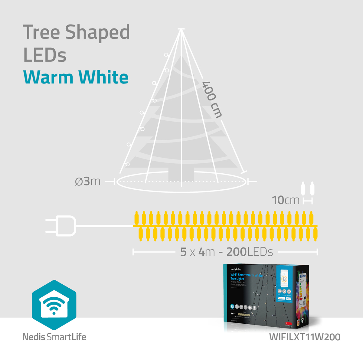Boomvormige LED-verlichting, 4m hoog, met productdoos op witte achtergrond.