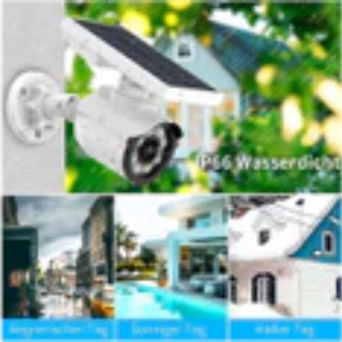 Eine Überwachungskamera mit Solarpanel ist an einer Wand montiert. Bilder verschiedener Szenen werden angezeigt.