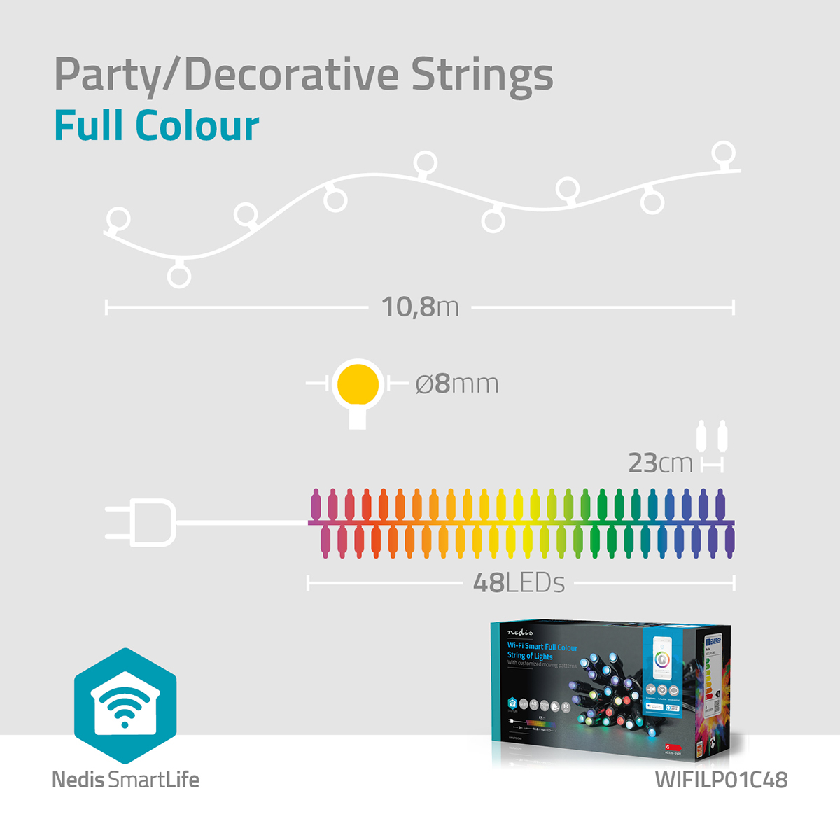Lichtsnoer, 48 LED's, full colour, met smart home logo en productdoos.