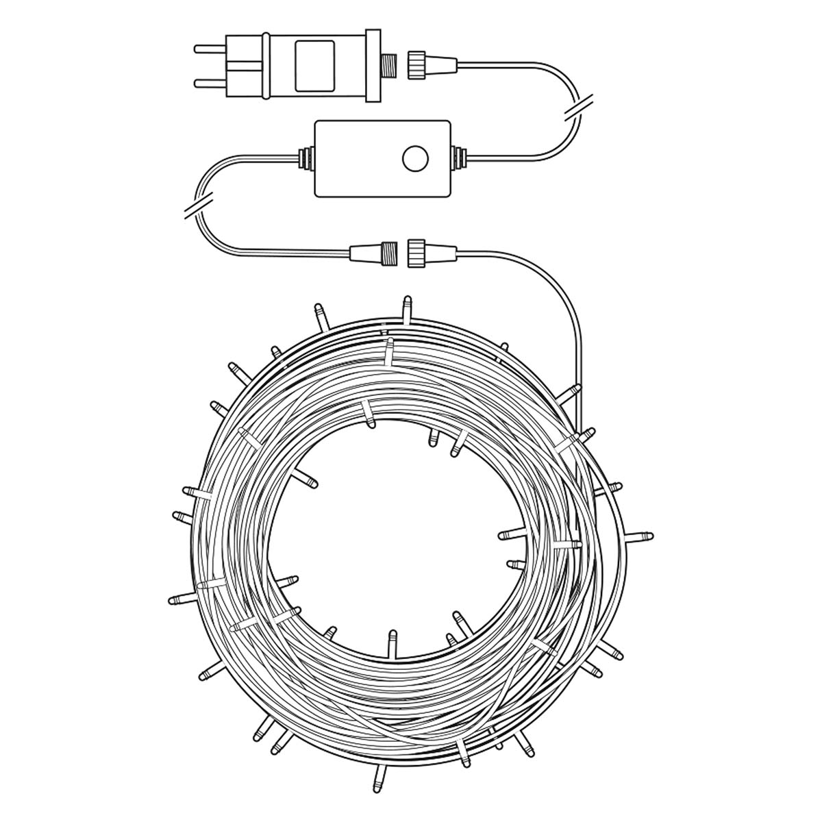 Een lijntekening van een lichtsnoer met een voedingskabel en een connector.