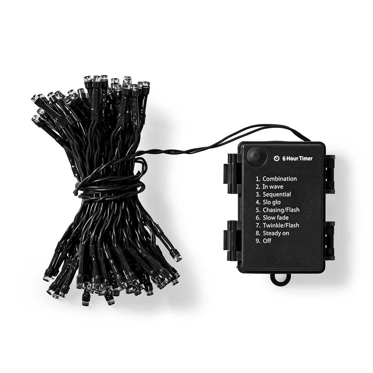 Slingers met zwarte kabel en een bedieningskastje. De box heeft modi: Combination, In wave…