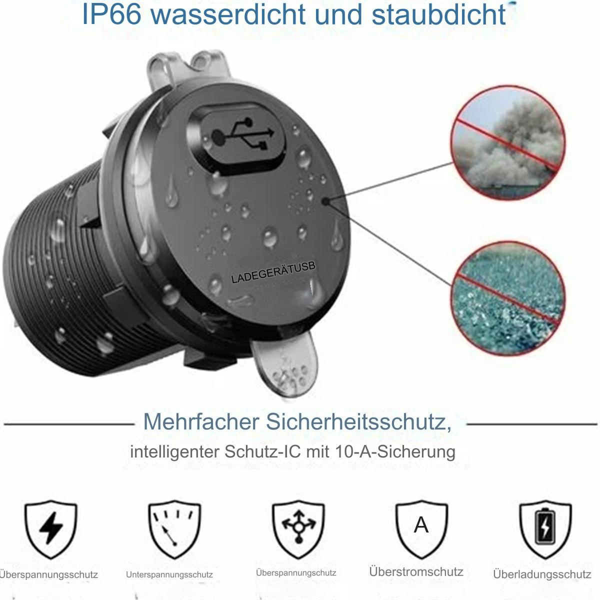 Schwarzes USB-Ladegerät mit Text und Symbolen, Wassertropfen und Bildern von Rauch/Eis, mit Text zum Schutz.
