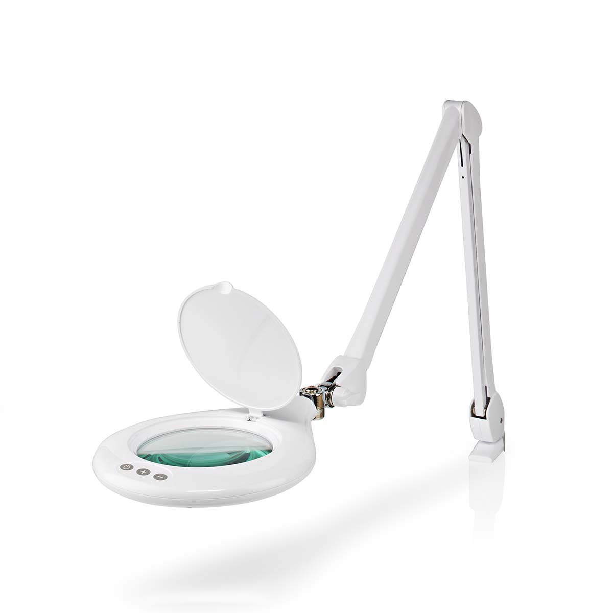 A white magnifying lamp with adjustable arm, open lens, and buttons.