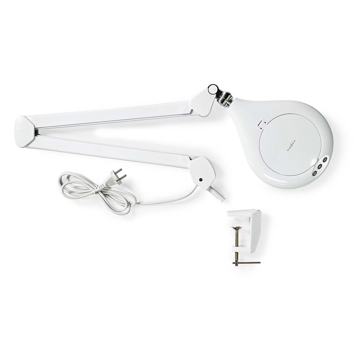 White magnifying lamp with an adjustable arm and a clamp, on a white background.
