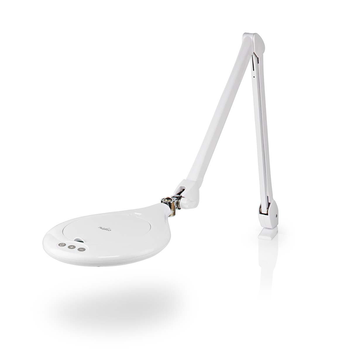 A white magnifying lamp with a flexible arm and buttons.