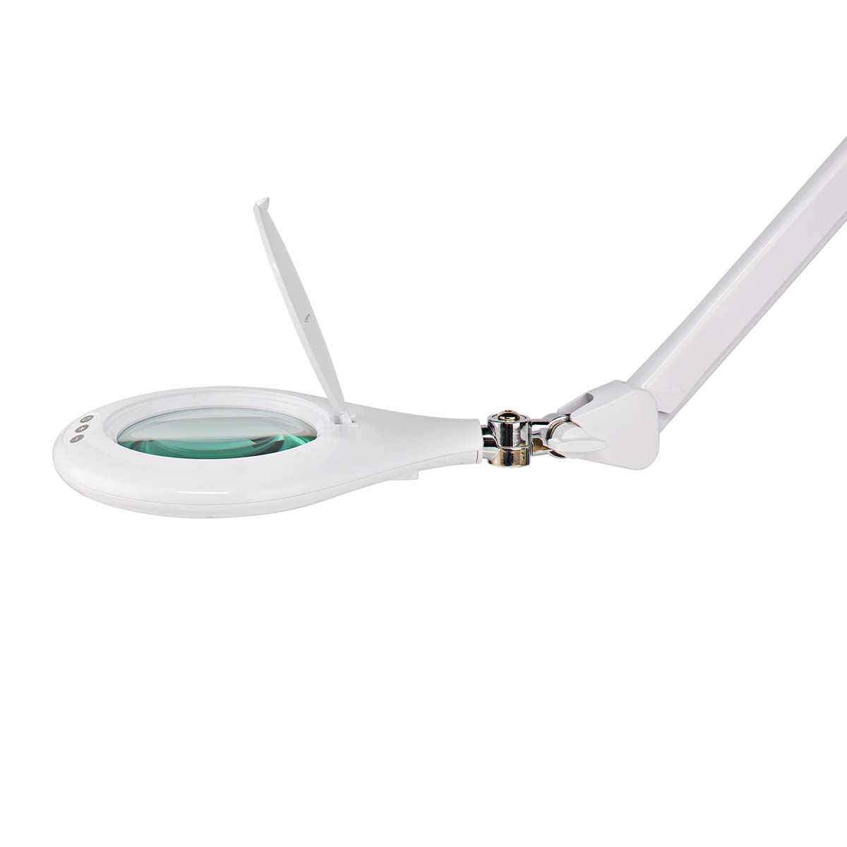 White magnifying lamp with a lens and a cover. The lamp is on a white stand.