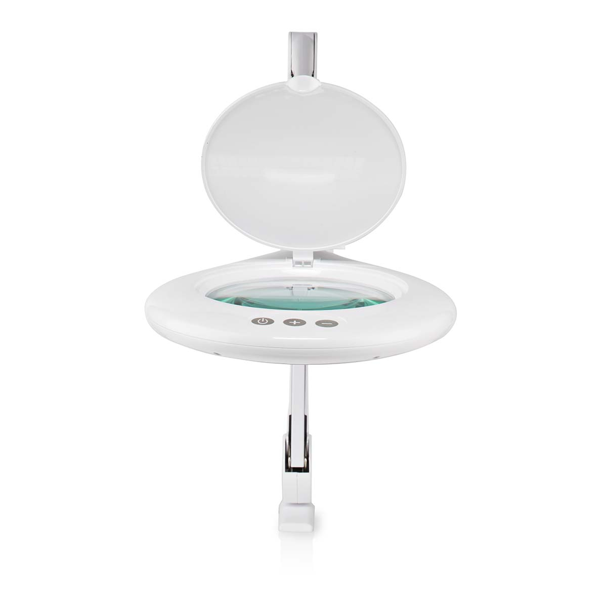 White magnifying lamp with a round lens and controls, on a white background.