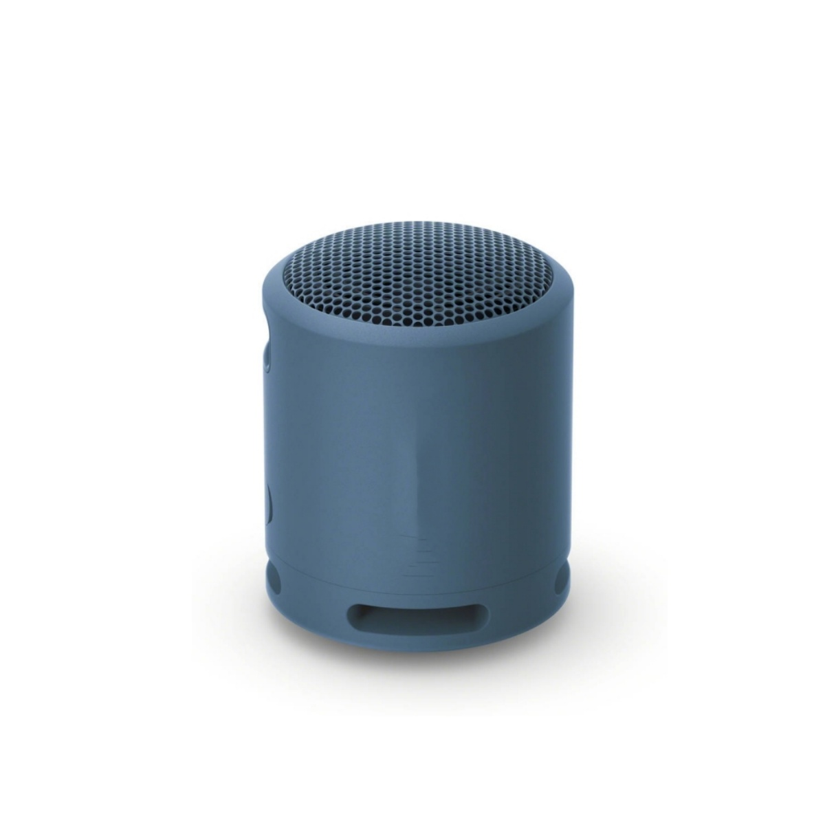 Ein kleiner blauer zylindrischer Lautsprecher mit einem Mesh-Top und subtilen Designdetails.