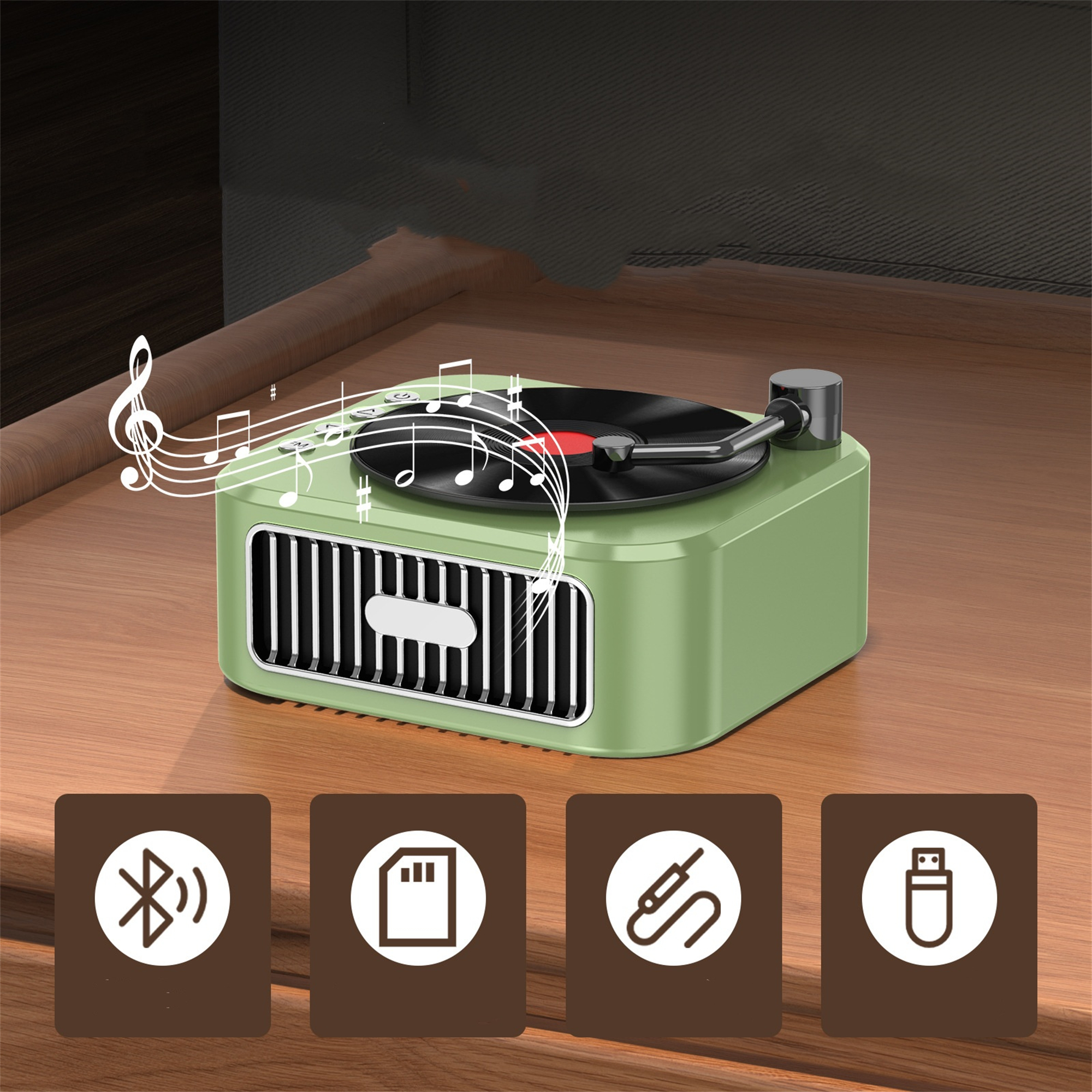 Grüner Retro-Lautsprecher mit Vinyl-Disc. Grafische Noten und Symbole für Konnektivität.