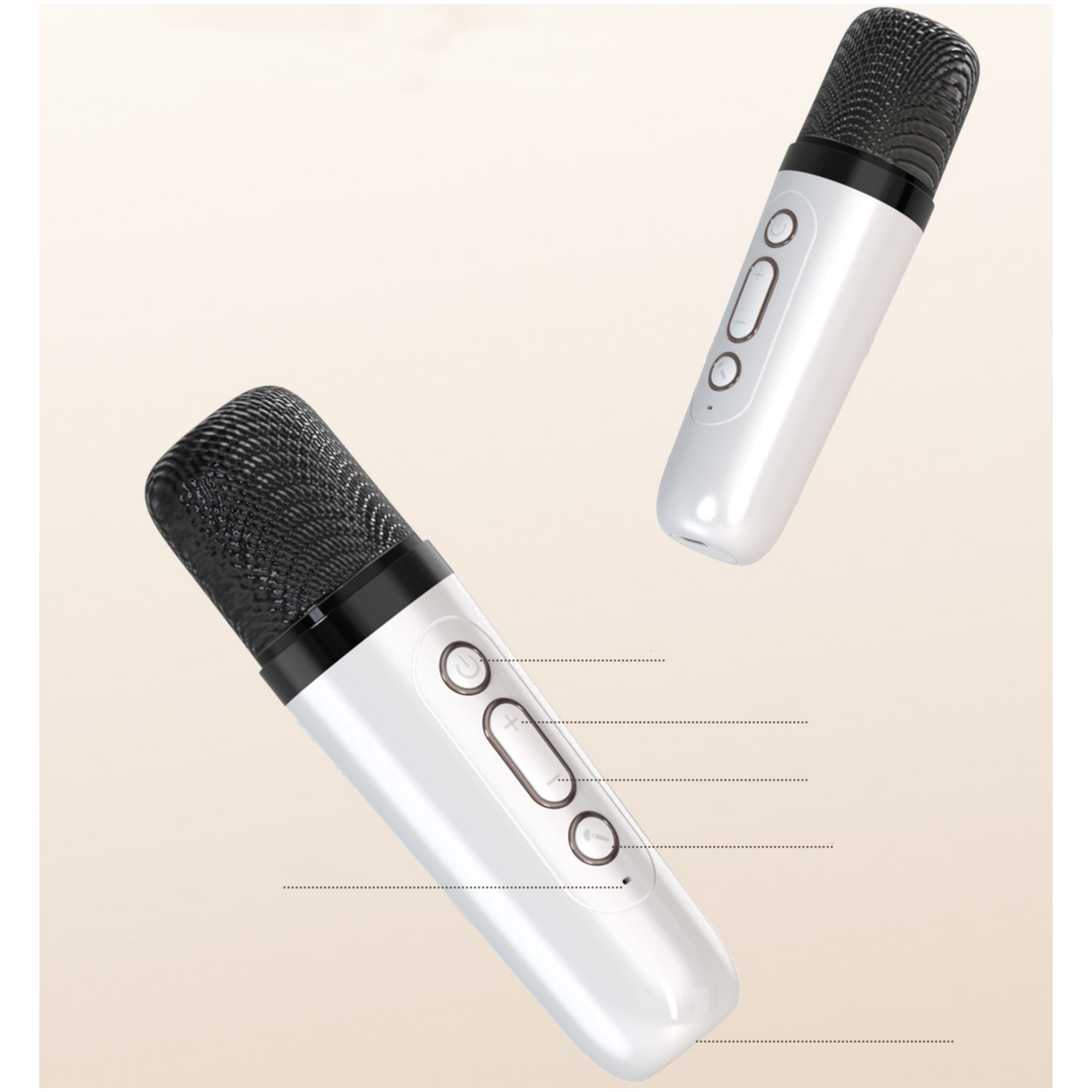 Zwei kabellose Mikrofone mit elegantem weißem Design, mit Knöpfen und einem schwarzen Mesh-Top.
