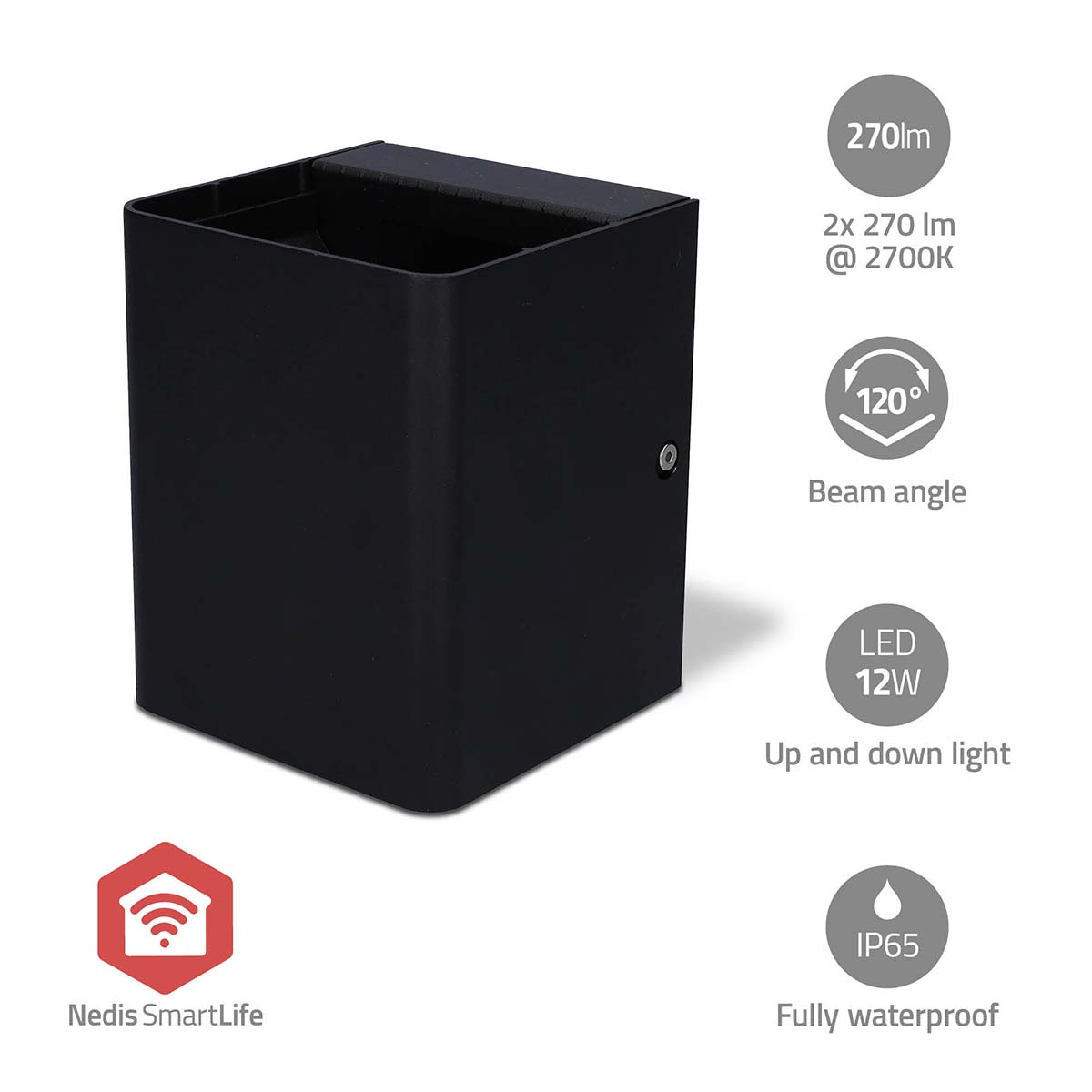 Schwarze, quadratische Außenleuchte. Sie hat ein Auf- und Ablicht und ist vollständig wasserdicht. Text und Icons.