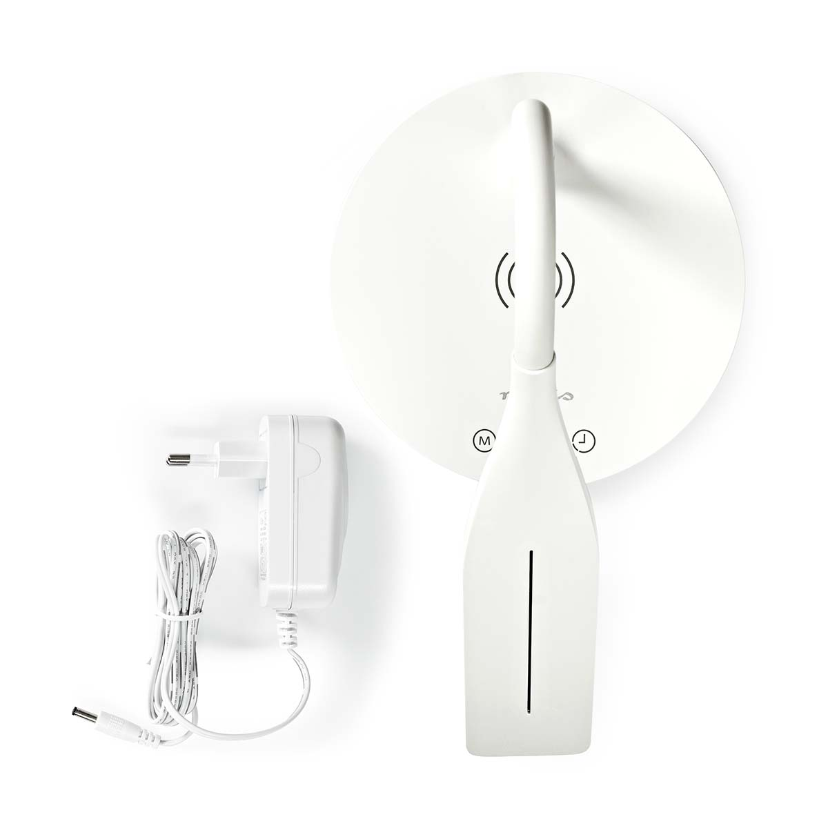 Biała lampa biurkowa z podkładką ładującą i ładowarką.