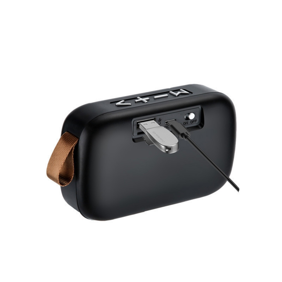 Ein schwarzer Lautsprecher mit USB-Stick, Ladekabel und braunem Griff.