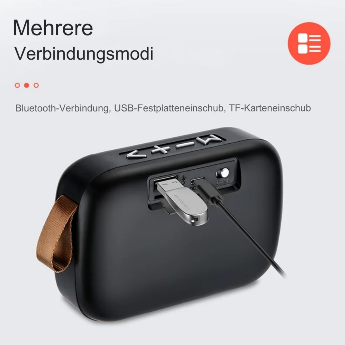 Schwarzer Lautsprecher mit USB- und anderen Eingängen, Ledergriff, auf weißem Hintergrund.