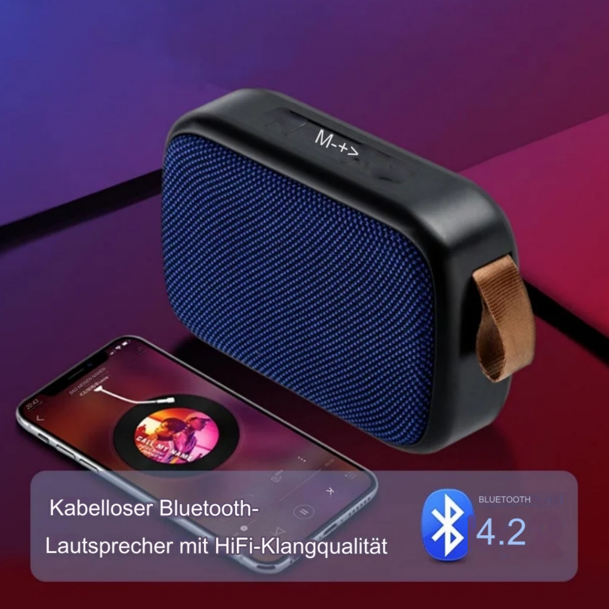 Ein schwarzer und blauer Lautsprecher mit Bluetooth-Logo und ein Telefon mit Musik-App.
