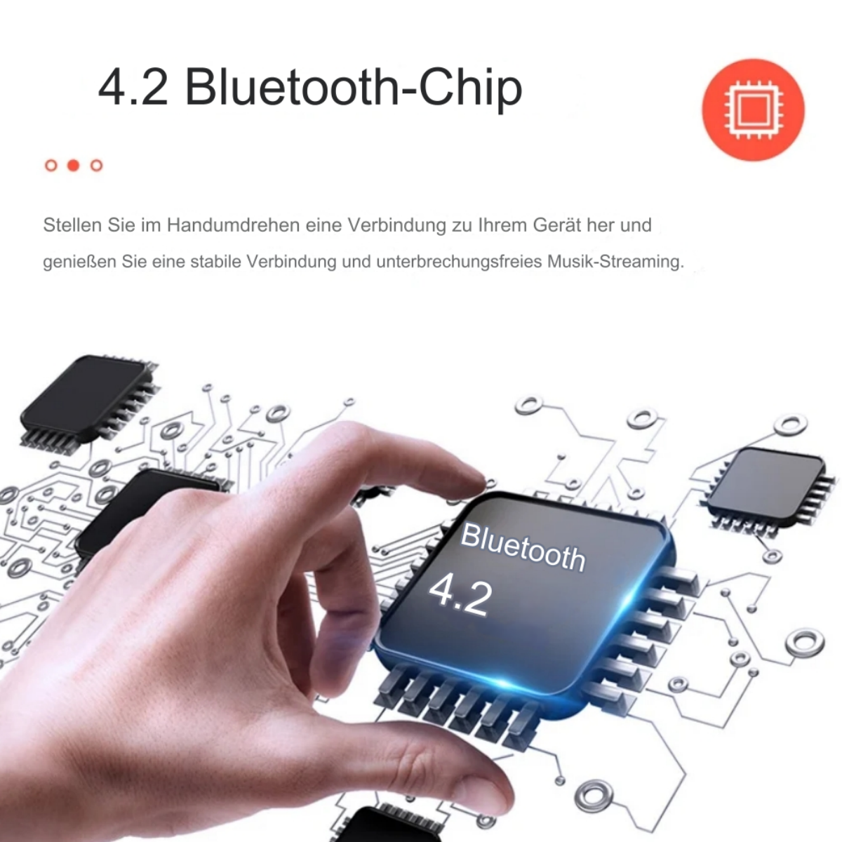 Hand hält Bluetooth 4.2 Chip, umgeben von Leiterbahnlinien und Textüberlagerung.