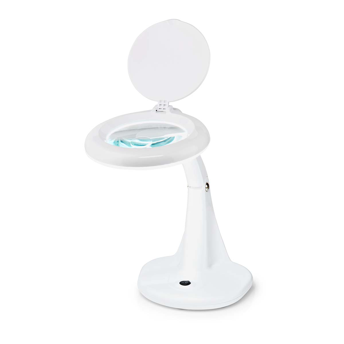 Lampada da scrivania bianca con lente d'ingrandimento, aperta, su sfondo bianco.